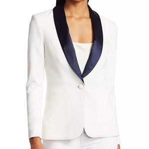 L'Agence Contrast Lapel White Navy Blue Smoking Blazer Jacket Satin One Button 4